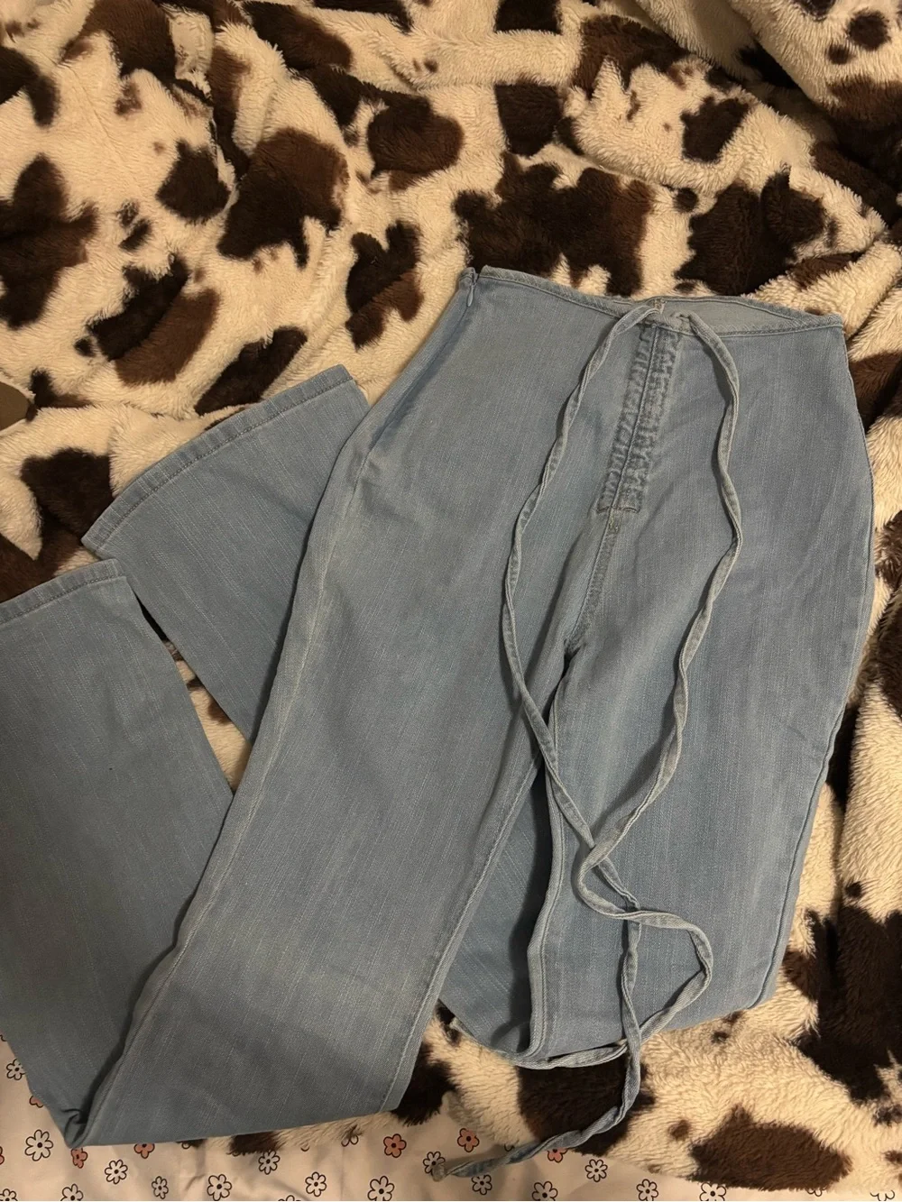SHEIN Light Blue High-Waist Tie-Front Flare Jeans
